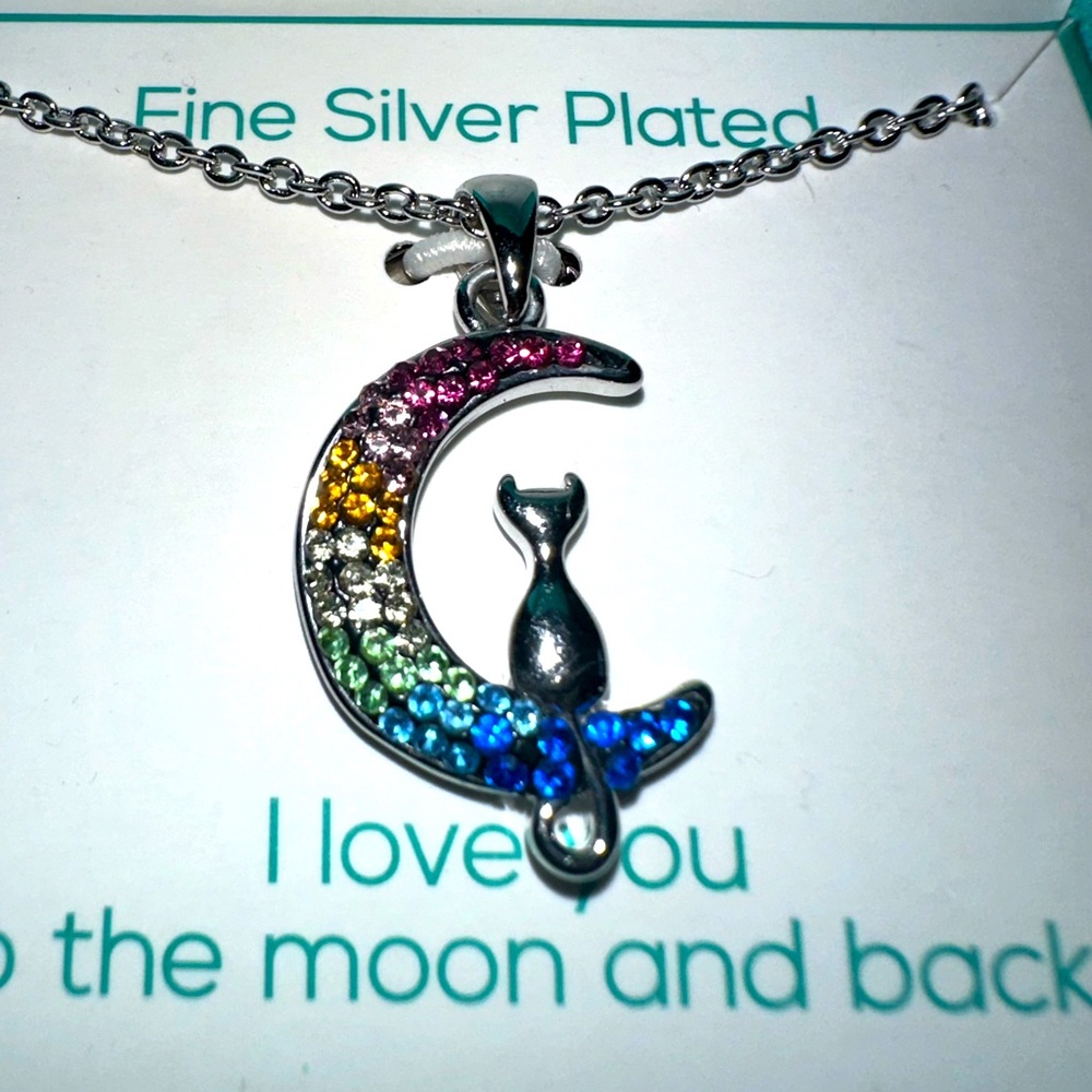 Cat on Crescent Moon Silver-Plated Necklace